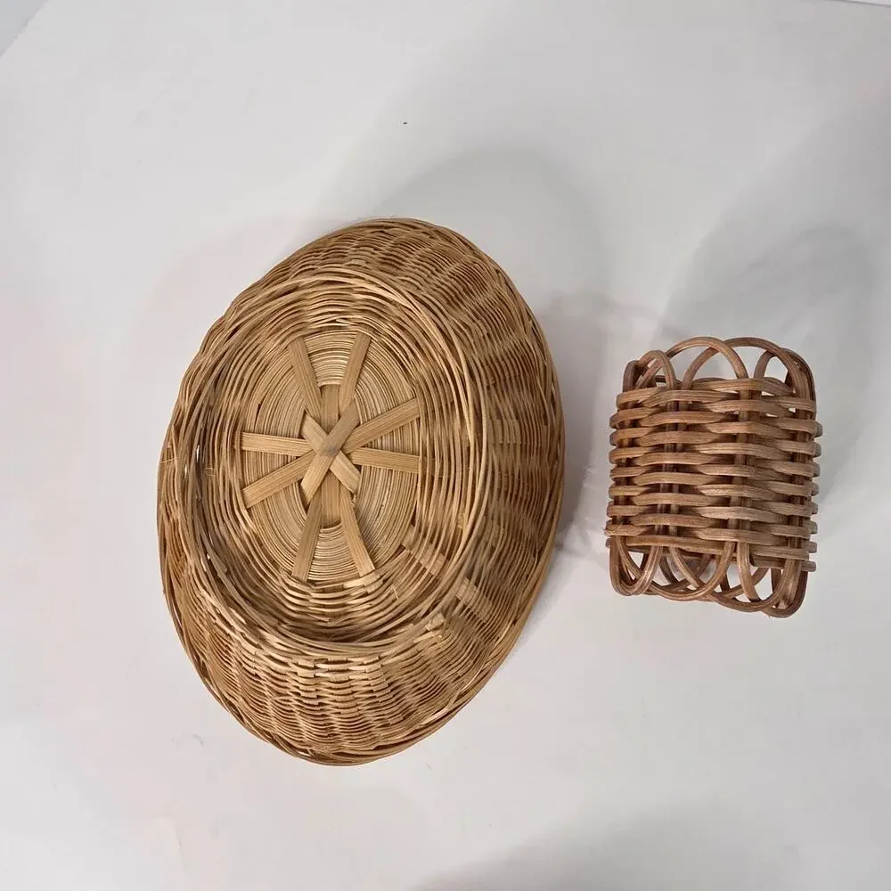 Natural Wicker Oval Basket & Woven Napkin Ring Boho Cottagecore Decor